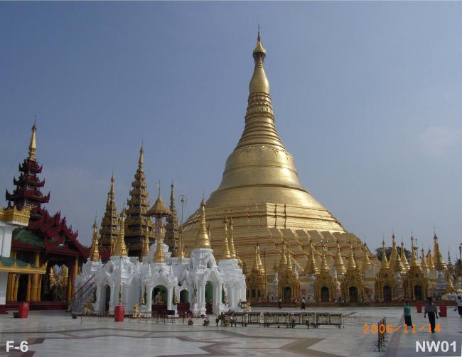 View of Shwedagon form #1 Aungmyea. ( General area of Aungmyea is marked by eight-pointed star pattern flooring tiles.)