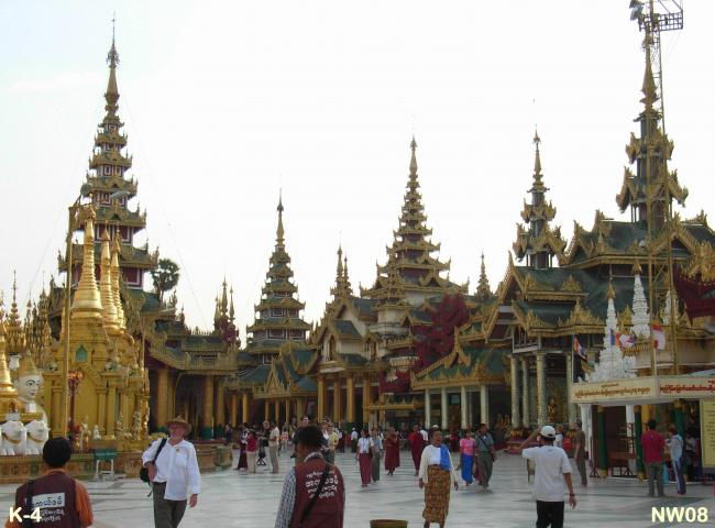 View from the Northwest of the western approaches to Shwedagon. ( Note the West Welcoming Tazaung and the Western Stairways Entrance Pavilion - Two Pice Tazaung.)