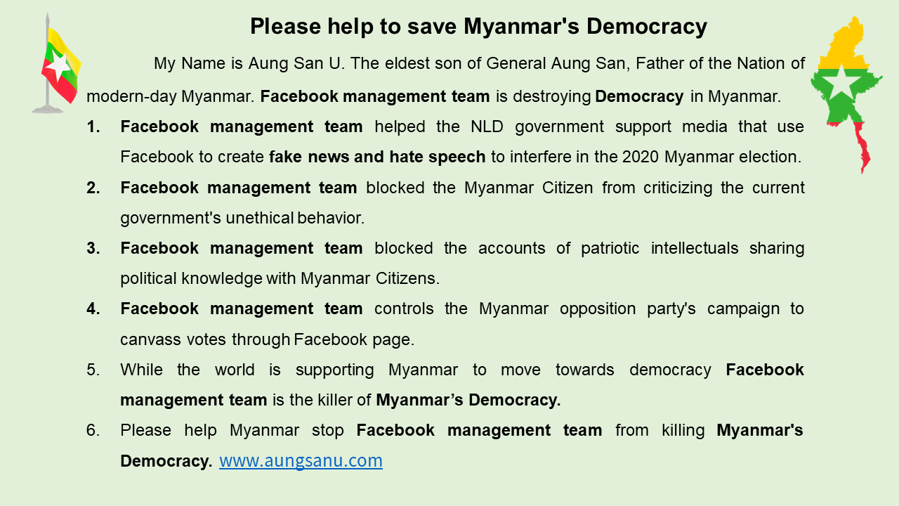 Facebook management team is destroying Democracy in Myanmar.