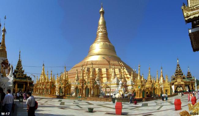 Southeast panoramic view of Shwedagon. ( Notice the South and East Welcoming Tazaung.) 