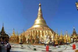 Southeast panoramic view of Shwedagon. ( Notice the South and East Welcoming Tazaung.) 