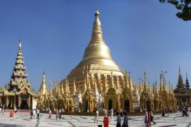 Southwest panoramic view of Shwedagon. ( Note the West and South Welcoming Tazaungs.)
